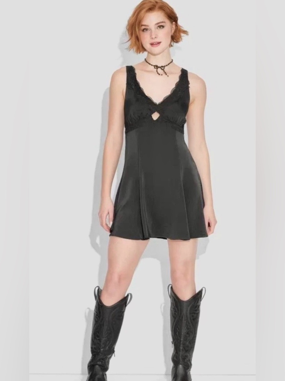 Black Satin & Lace Slip Dress, Center Cutout, Waist 15” L 36”, No Callouts NWT